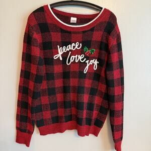 Peace Love Joy Womens Red Plaid Holiday Christmas Sweater Size XL Festive Soft